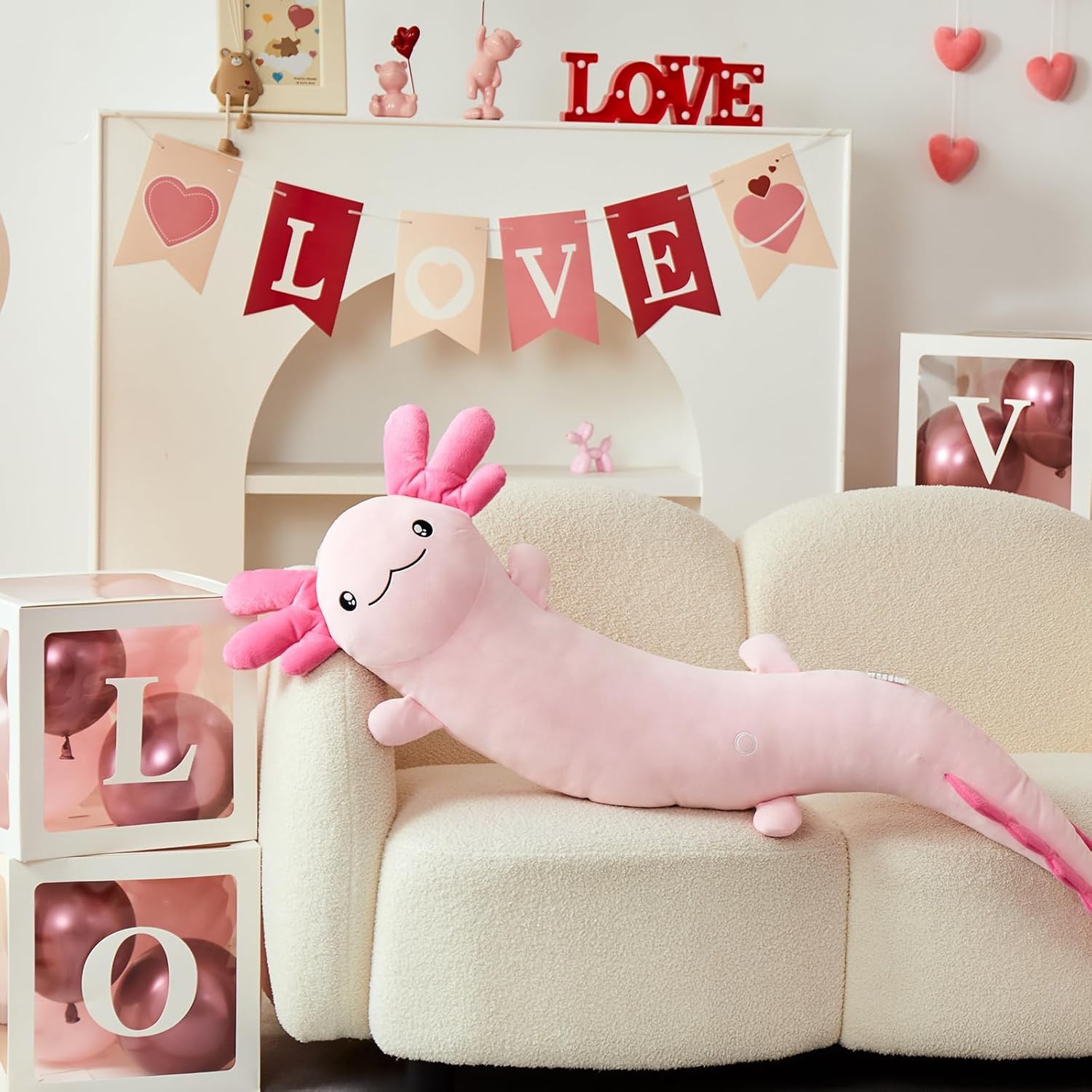 MaoGoLan Giant Axolotl Plush Body Pillow for Girls, Hot Pink Axolotl Stuffed Animal for Kids Adults, Large Salamander Plush Glow in The Dark, Holiday Birthday Easter