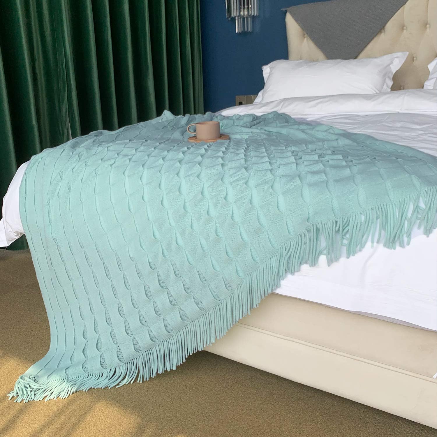 DISSA Knit Blanket Woven Blanket Throws for Sofa Throws for Couch Blanket Cover Boho Throw Blanket for Bed Cozy Super Soft Solid Plush Decorative Throw Blanket with Tassels (Light Mint, 50"x60")