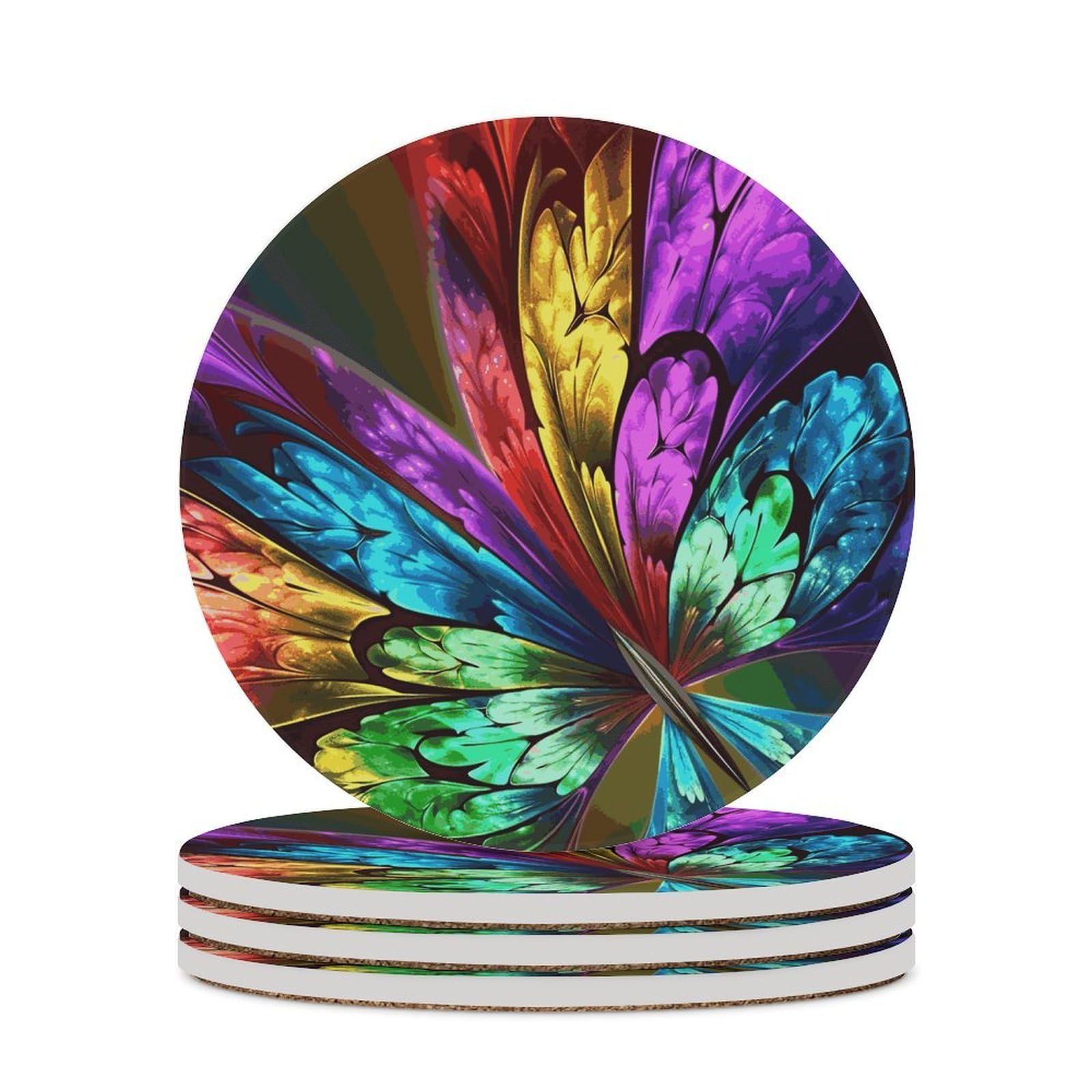 Rainbow Butterfly Coaster with Cork Base Drink Coasters for Coffee Table Decor Modern Cup Coasters with Non-Slip & Heat-Resistant Cute Ceramic Table Coaster for Home Dining