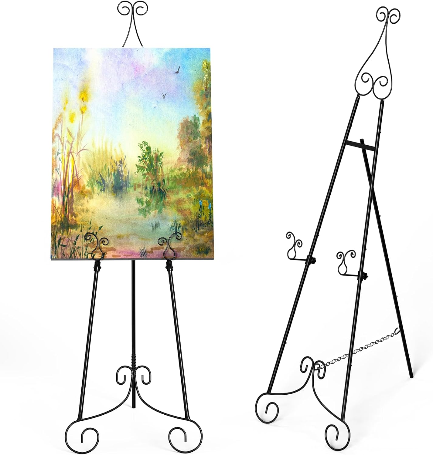 2 PCS Black Easel Stand for Sign, Metal Sign Holder, Adjustable Wedding Sign Stand with Chain Support, Sign Holder for Display, Party Painting.