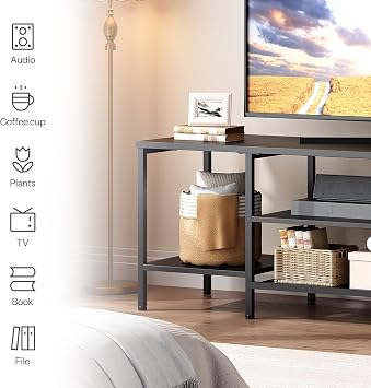 HOOBRO TV Stand with Power Outlets to 65 Inches, TV Console Table with Open Storage Shelves, Industrial Media Entertainment Center for Living Room Bedroom, Black BB40DS01