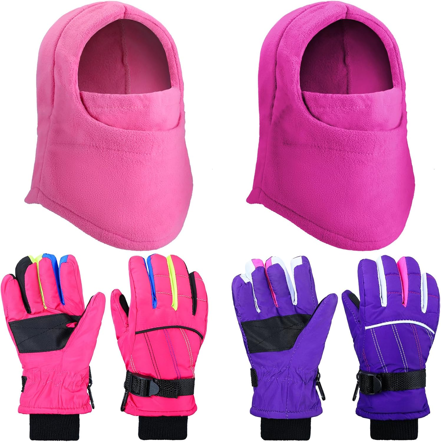 Handepo 4 Pack Kids Ski Winter Balaclava Mask Gloves Set Windproof Face Mask Winter Hat Snow Gloves for Girls Boys (Pink, Purple)