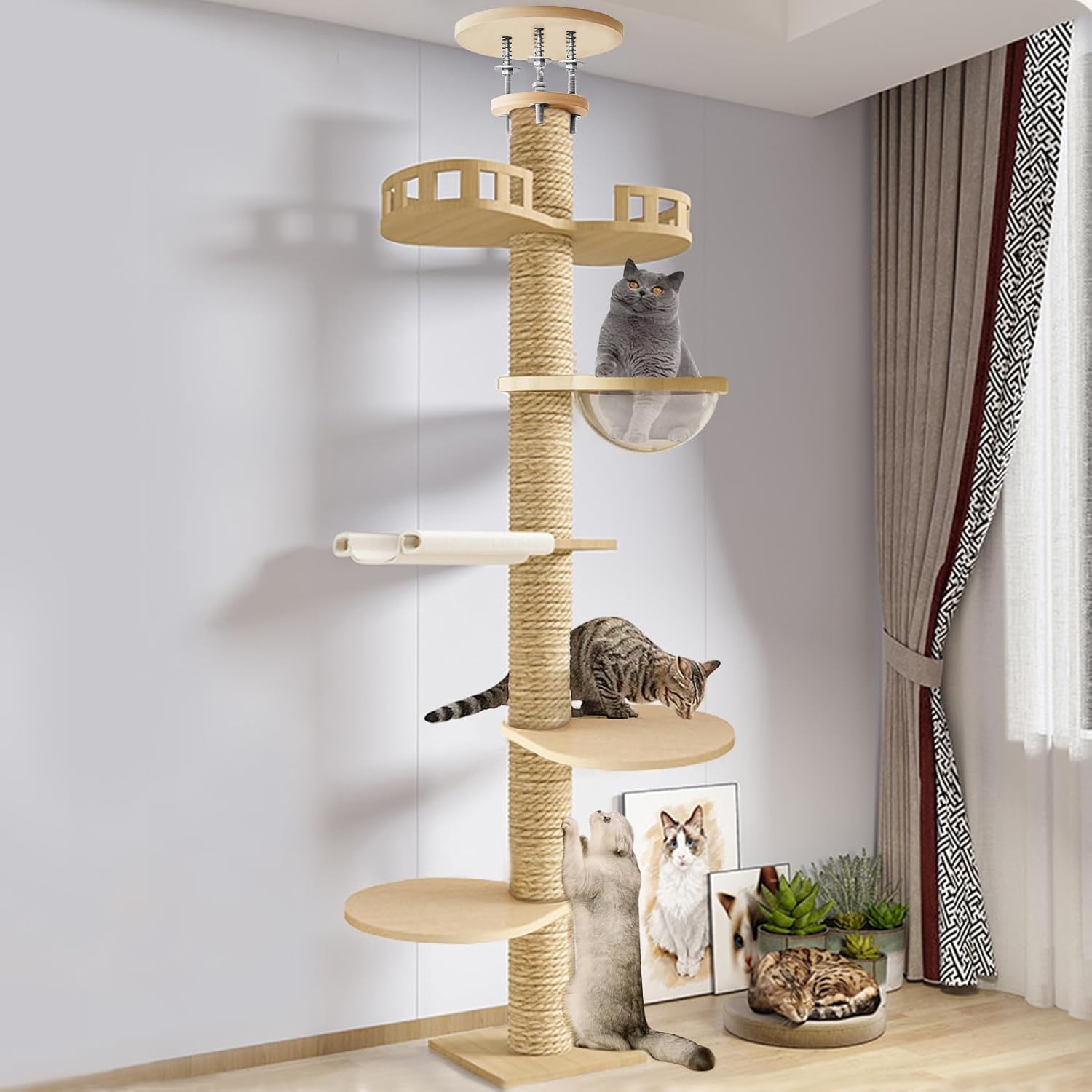 295-315cm Floor to Ceiling Cat Tree, Height Adjustable 6-Tier Ceiling to Floor Cat Tower, Wooden Pet Tree With 6 Sisal Scratching Post for Indoor Cats