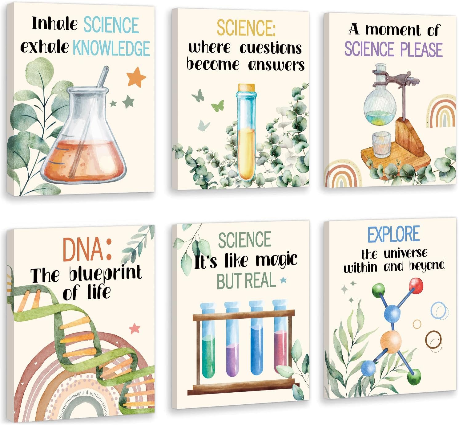HOURIA Science Canvas Wall Art,Colorful Chemistry Physics Posters,Set of 6 (8”x10” Framed)Inspirational Positive Quotes Art Print,Science Bulletin Board Sets Wall Decor for Classroom,Middle School,Lab