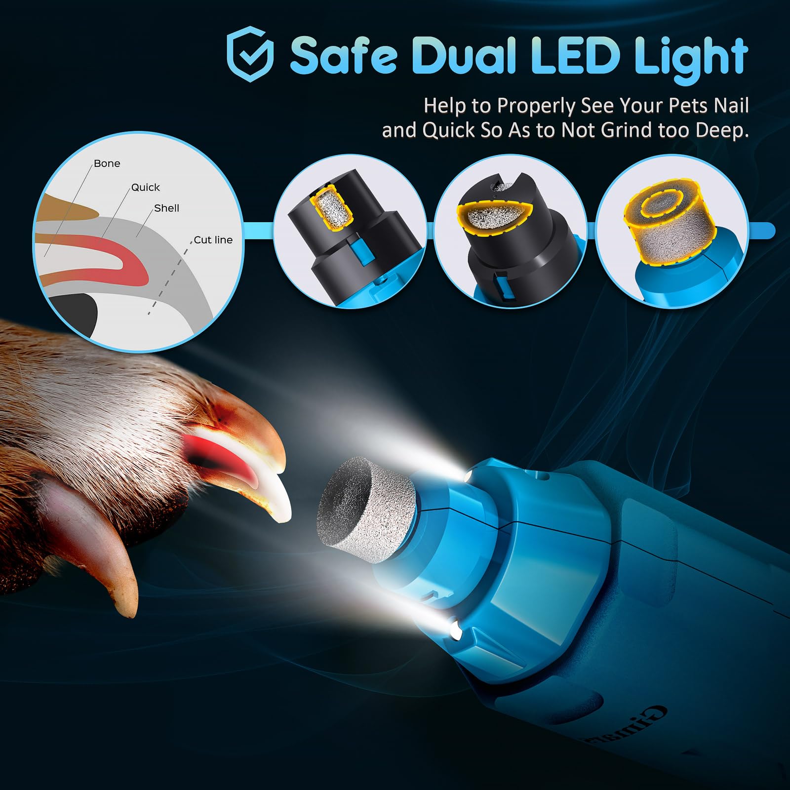 Gimars Lima Unghie Cani 6 velocità Tagliaunghie per Cani Elettrico Tagliaunghie Unghie Cani con Luce LED Ricaricabile Lima per Unghie Cane per Animali con USB 3 Porte,Blu