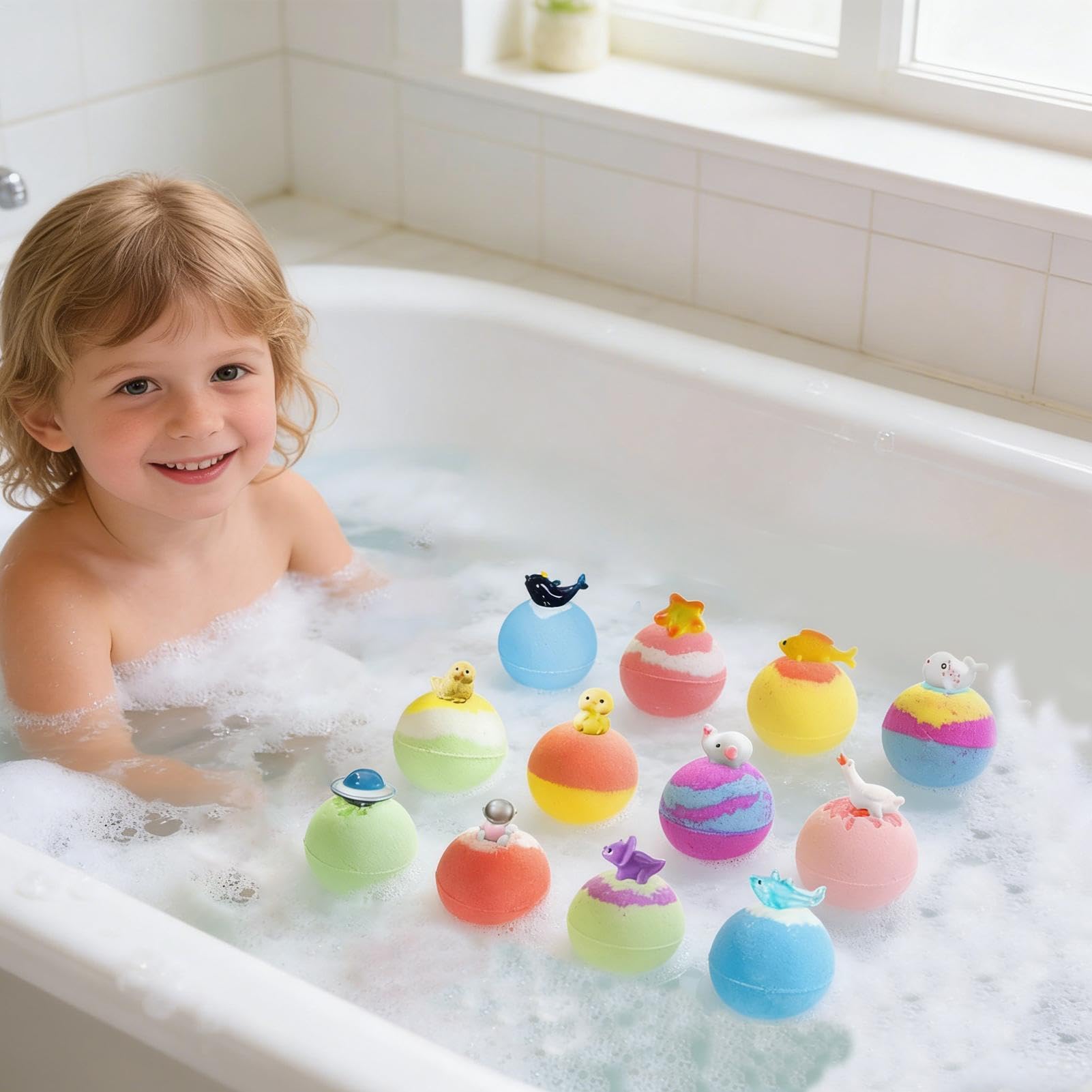 Badekugeln mit Kindern, 12 Stück für die Körperpflege, Set mit Duschbällen, für Kinder, Geburtstag, Urlaub, Reisen, Spieldaten, Kindergarten, Zuhause, Hotel, Toilette