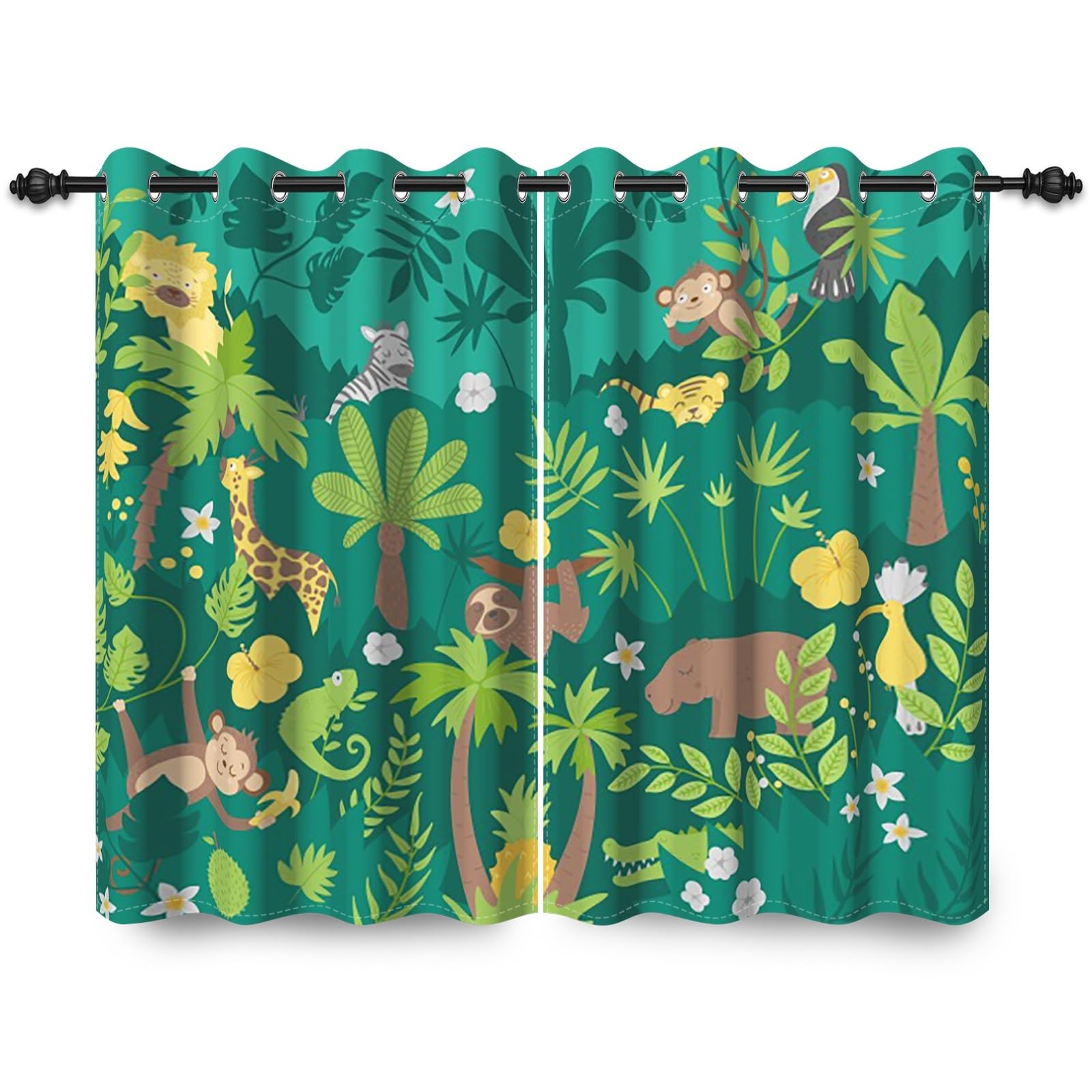 135x229cm Cartoon Tiere Ösenvorhang für Kinderzimmer Grüner Wald Tropisch Bunt Niedlich Zoo Ösenvorhänge Verdunkelungsvorhänge Fenstervorhänge für Jungenzimmer Wohnzimmer,2 paneel