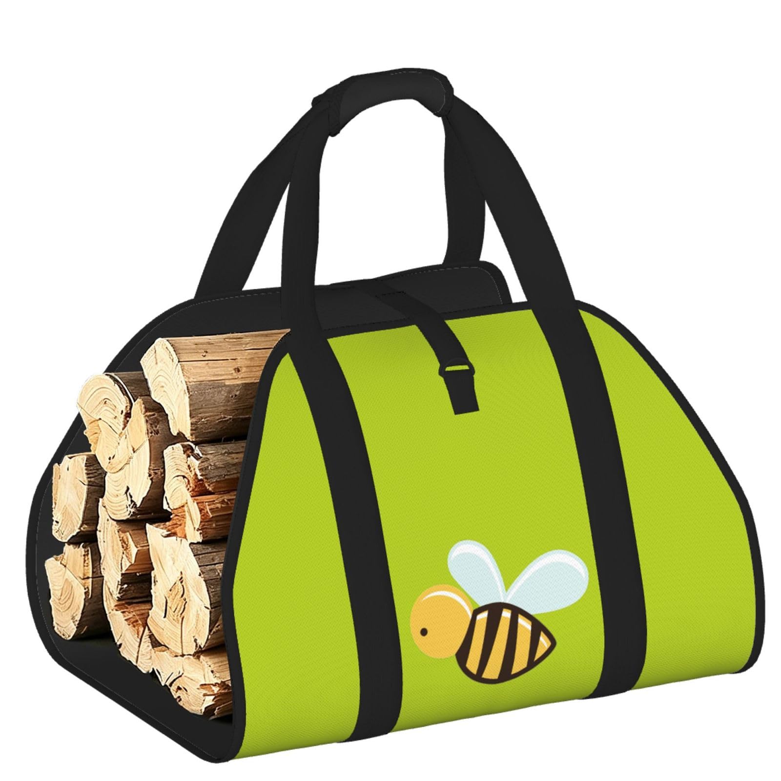 Ayyqwe Black Cartoon Bee Print Firewood Bag Wood Waterproof Versatile Camping Picnic Storage Daily Home