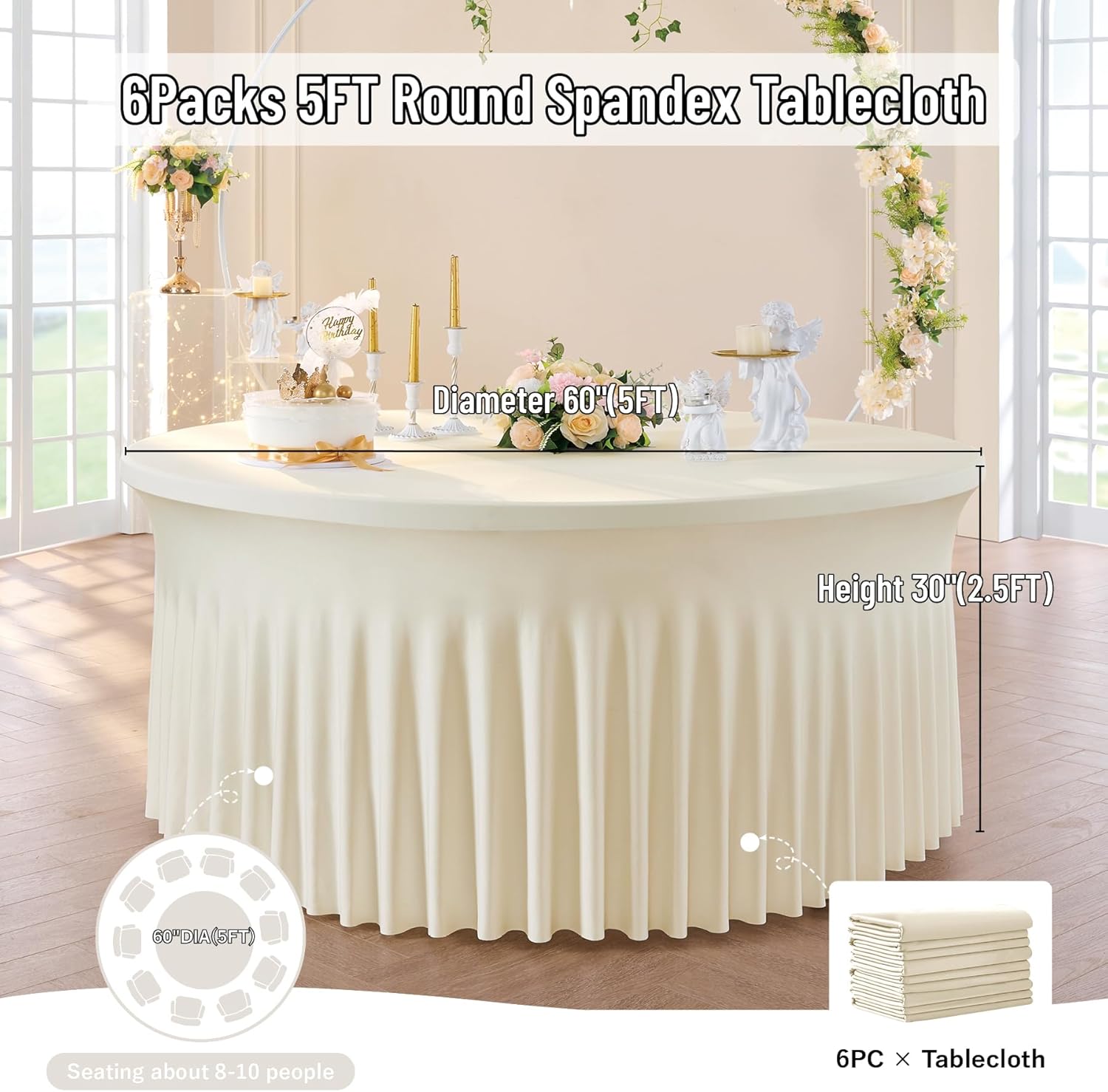 leegleri 6 Pack 60Inch Ivory Spandex Round Tablecloths, Stretchy 120inch Fitted 5FT Round Table Cloths, Wrinkle Free Table Cover with Skirt for Wedding Party Dining Banquet