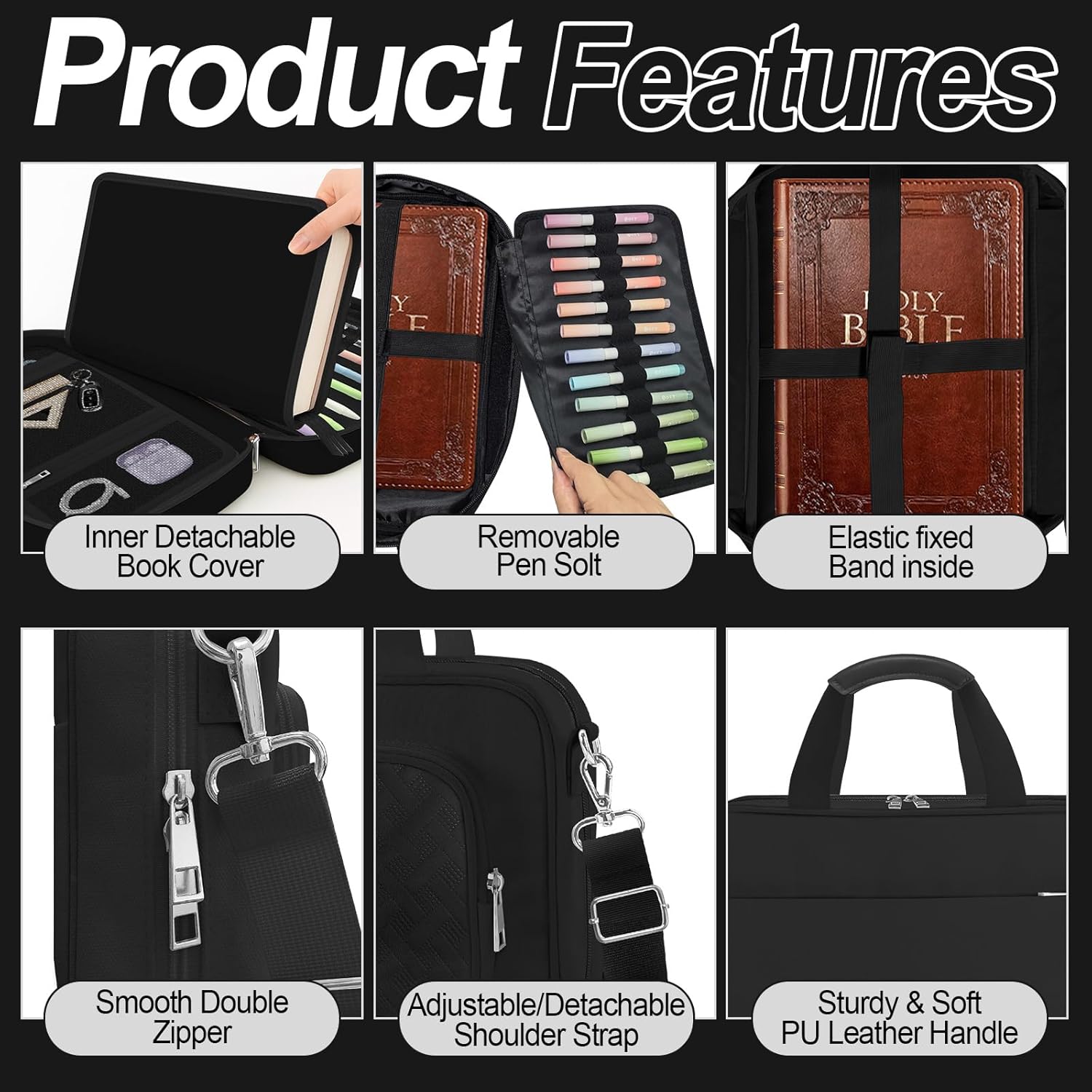 Bible Cover Case for Men Women with Highlighters Tabs Pens Cross Clips Large Church Bag with Zippered Pocket and Handle, Bible Study Supplies Bible Journaling Kit Book Carrying Case (Black)