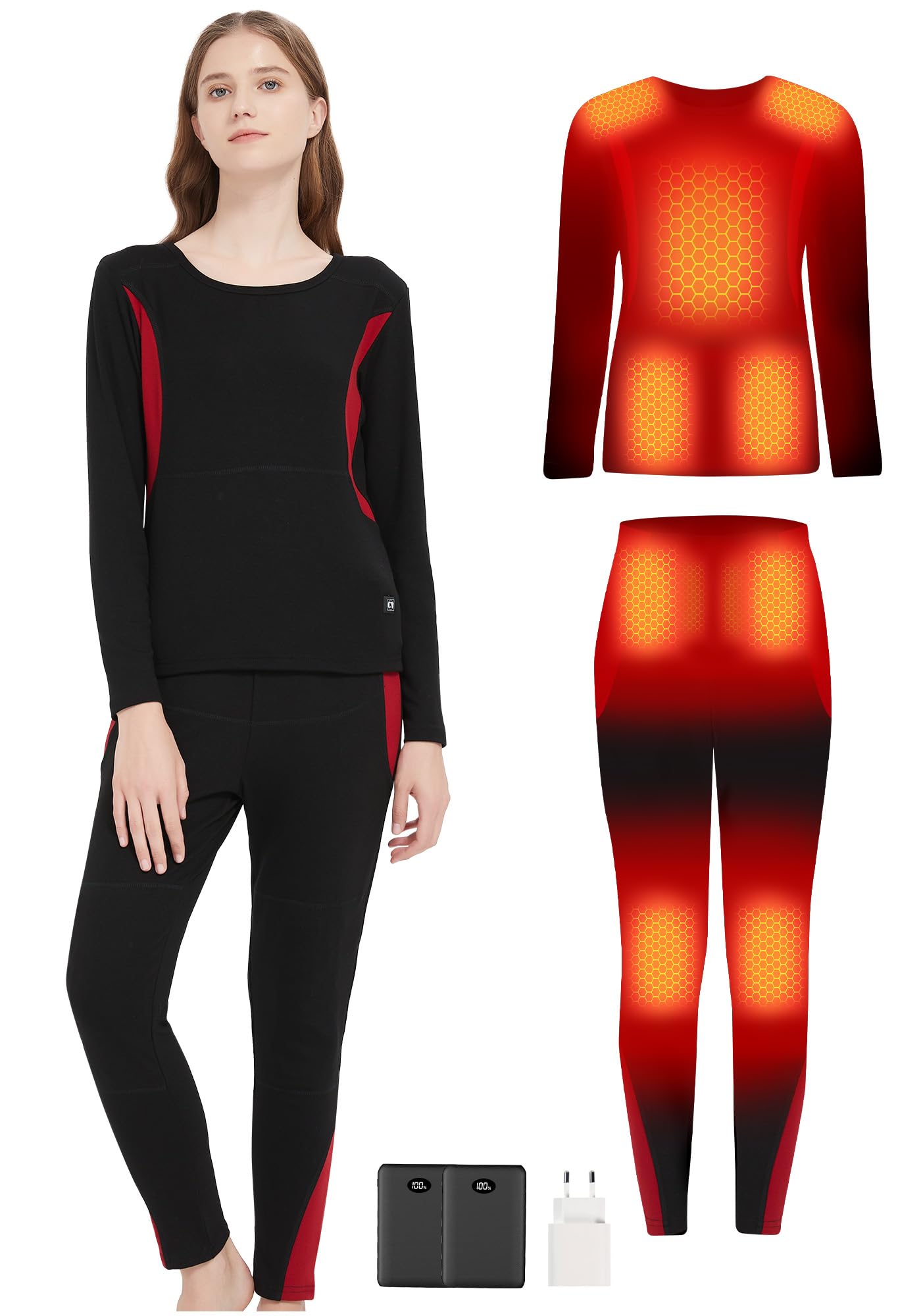 sous-Vêtements Chauffants Homme & Femme – Ensemble Thermique Élastique avec Chauffage Amélioré Et Batterie 7,4V 10000mAh, 3 Niveaux De Chauffe pour