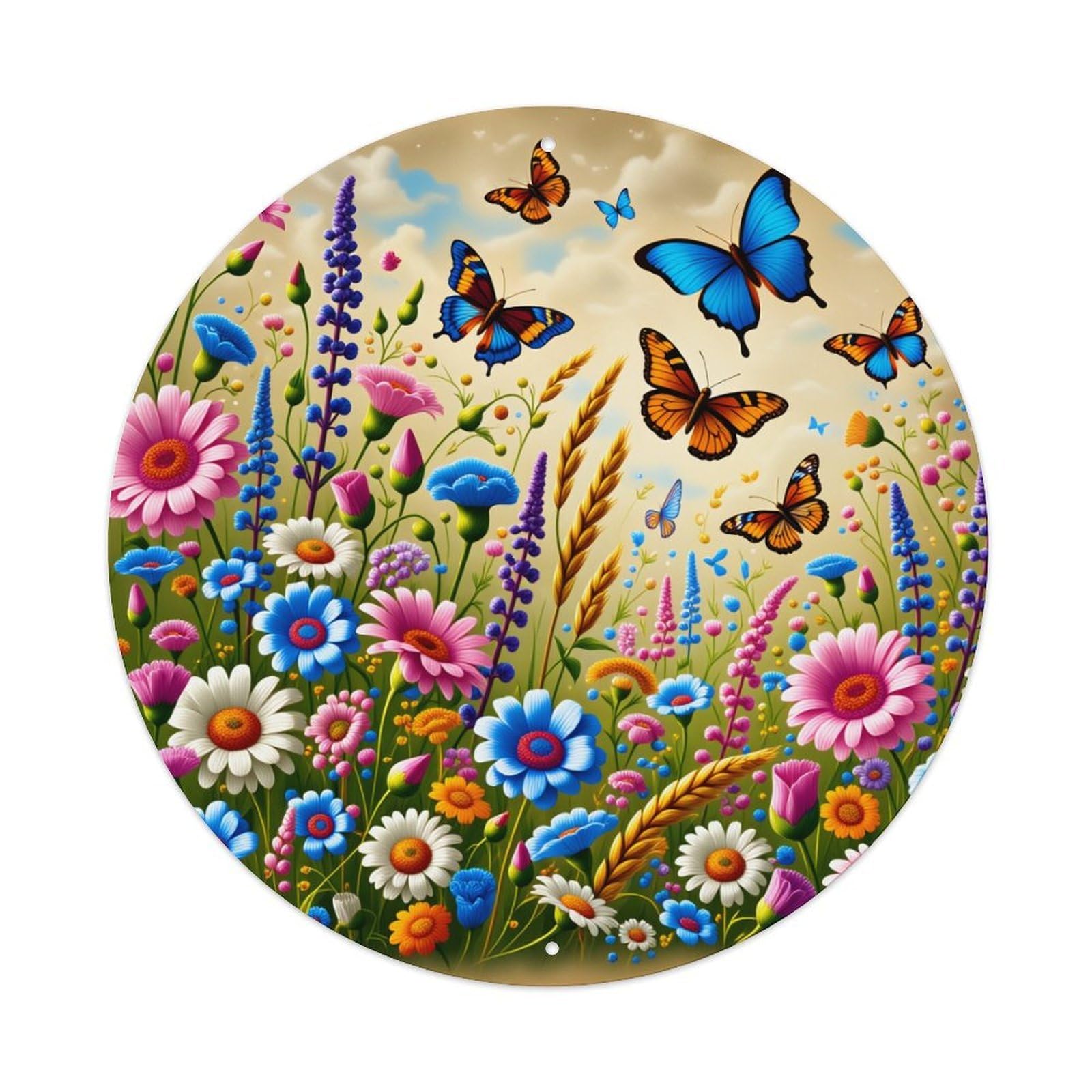 Floral Butterflies Sky Meadow Colors Round Tin Sign Vintage Metal Poster Retro Bar, Home, Man Cave, Kitchen, Laundry Room Wall Art Decor Gift 8x8Inch