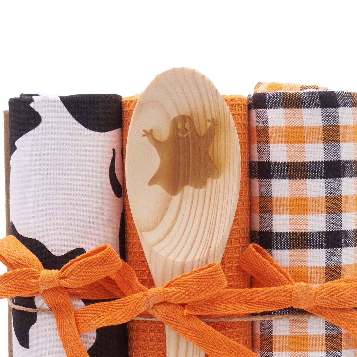 C&F Home Hey Boo Towel & Spoon Gift Bundle Halloween Autumn Harvest Fall Cute Home Kitchen Decor Decoration Set of 4 S/4 Orange