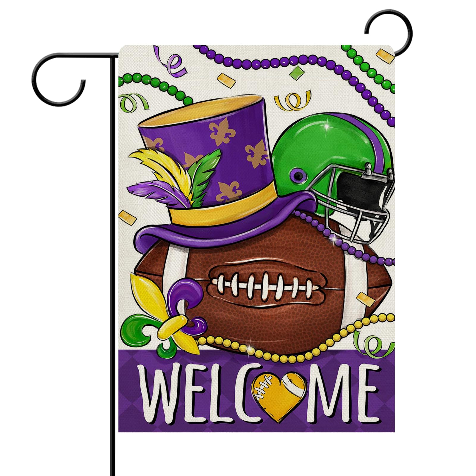 Dyrenson Welcome Mardi Gras Football Decorative Garden Flag, Hat Helmet Rugby Sport New Orleans Carnival Yard Outside Home Decorations, Beads Fleur De Lis Burlap Outdoor Small Decor Double Sided 12x18