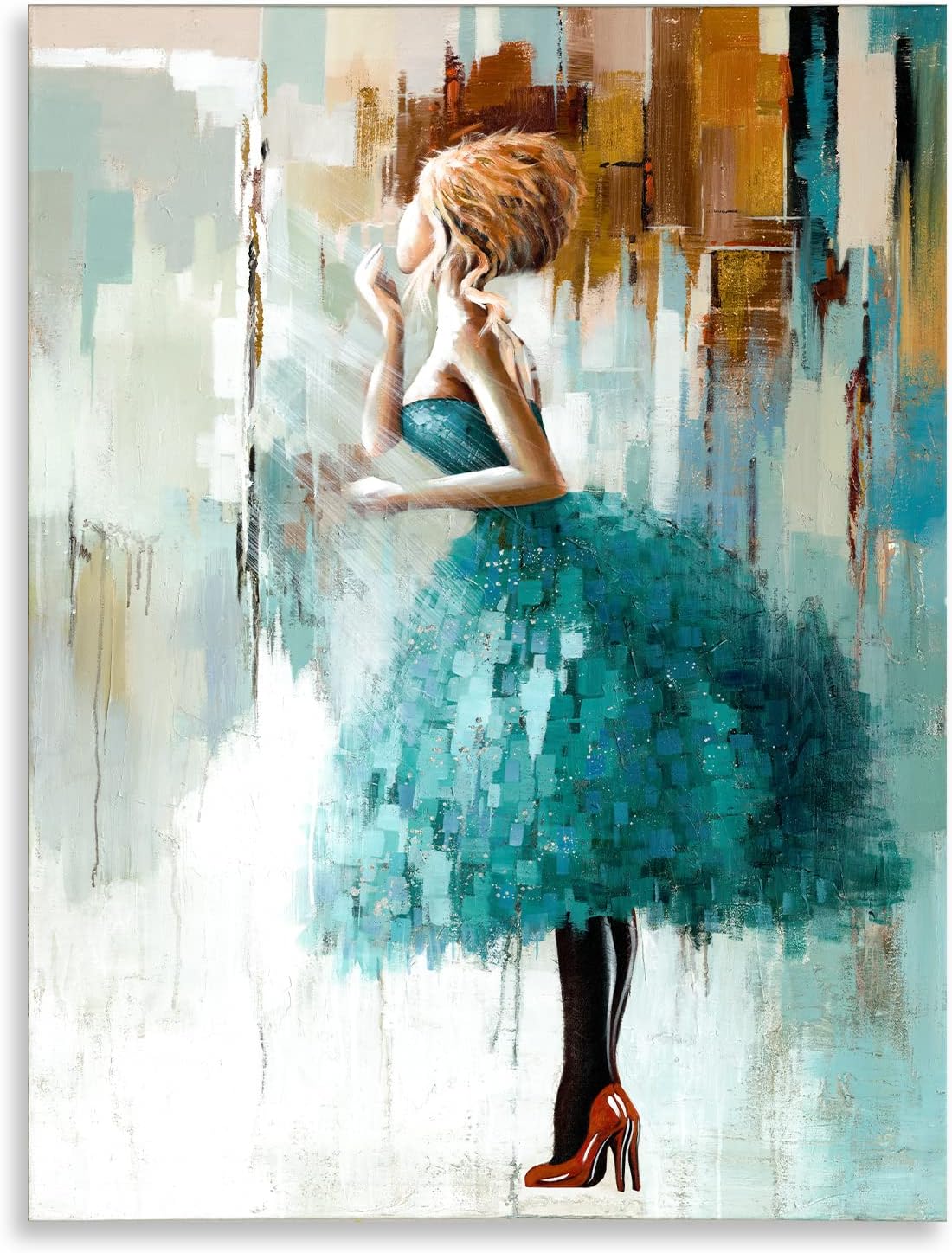 Muro Artes Fine Art Oil Paintings, Hand Painted Modern Girl in Dress Teal Wall Art, 24x36 Inch Ready to Hang Large Canvas Wall Art for Living Room/Bedroom