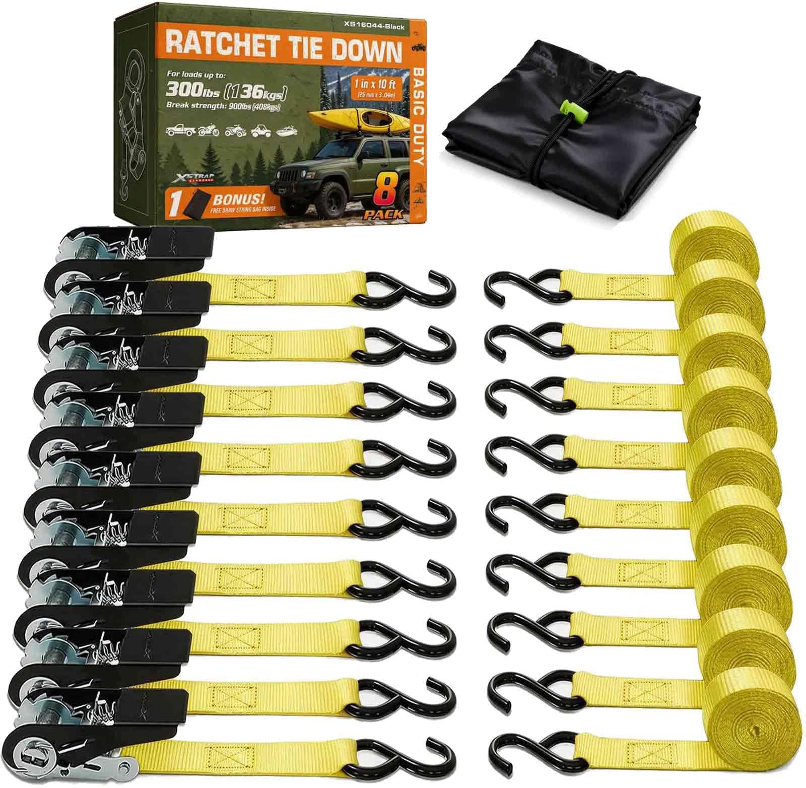 XSTRAP STANDARD Ratchet Straps, 8-Pack 1" x 10FT Ratchet Tie Down Straps Set, 900 LBS Break Strength Logistic Cargo Straps for Motorcycle, Move Appliances, Lawn Equipment, Trucks (Yellow)