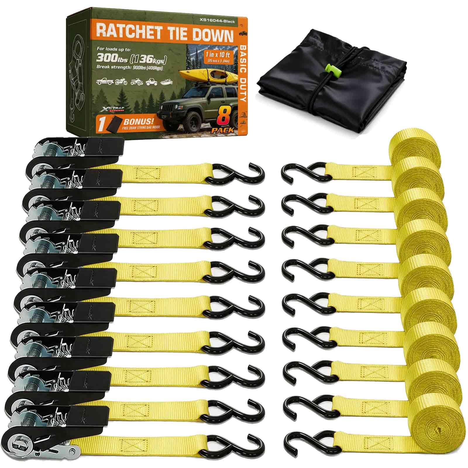 XSTRAP STANDARD Ratchet Straps 8-Pack 1 inch x 10 foot 900 LBS Break Strength Yellow