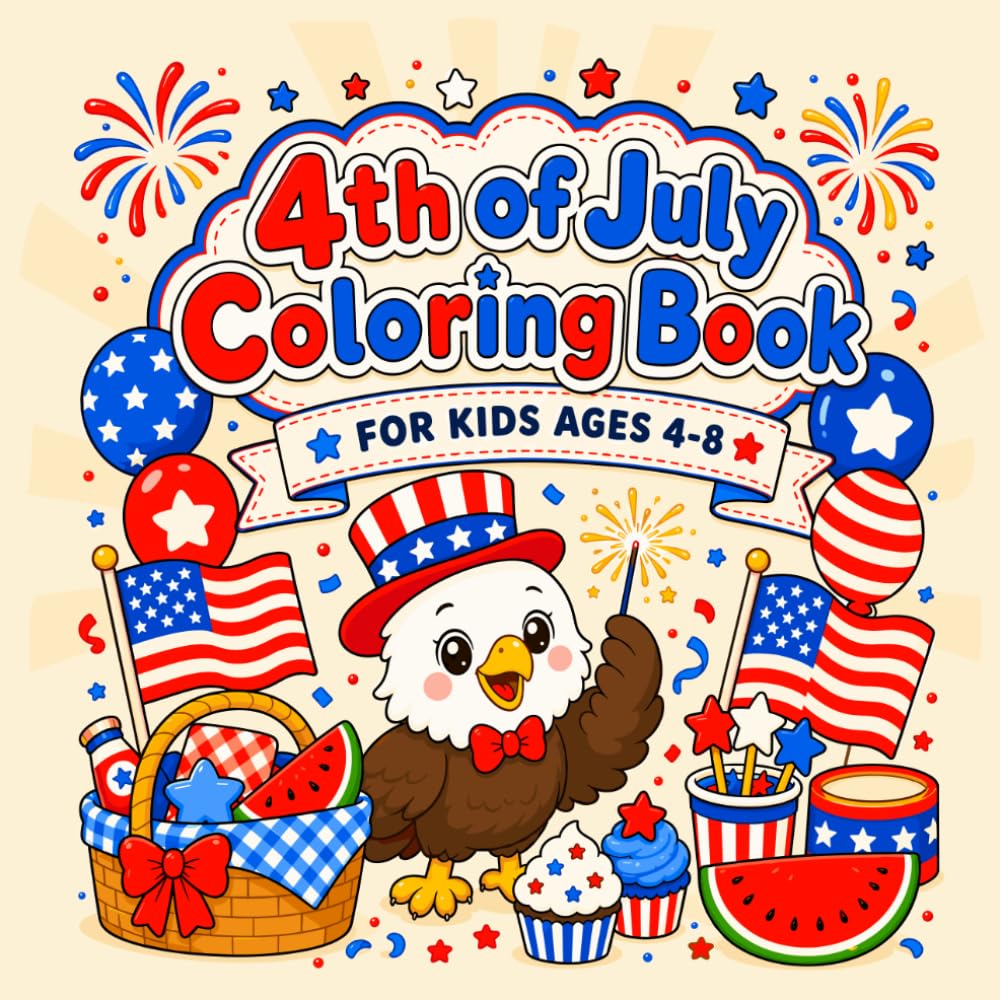4th of July Coloring Book for Kids Ages 4-8: Bold and Easy Patriotic Coloring Pages with American Flags, Fireworks, Eagles, Balloons, BBQ, Parades, Stars, and Independence Day Fun