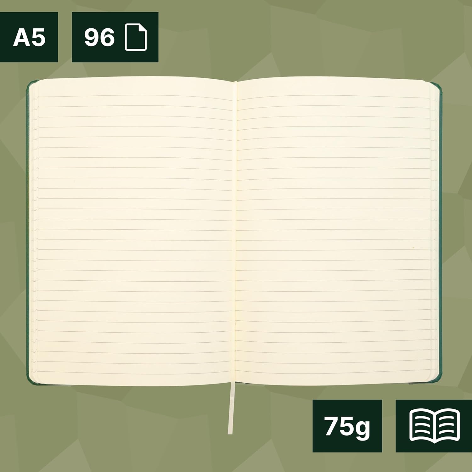 Campus A5 Notebook, Bullet Journal with Horizontal Ruled 7 mm, Hardcover Stitched Notebook with 96 75 g Sheets, Elastic Closure, Pocket and Bookmark. (A5, Horizontal Ruled, Dark Green)