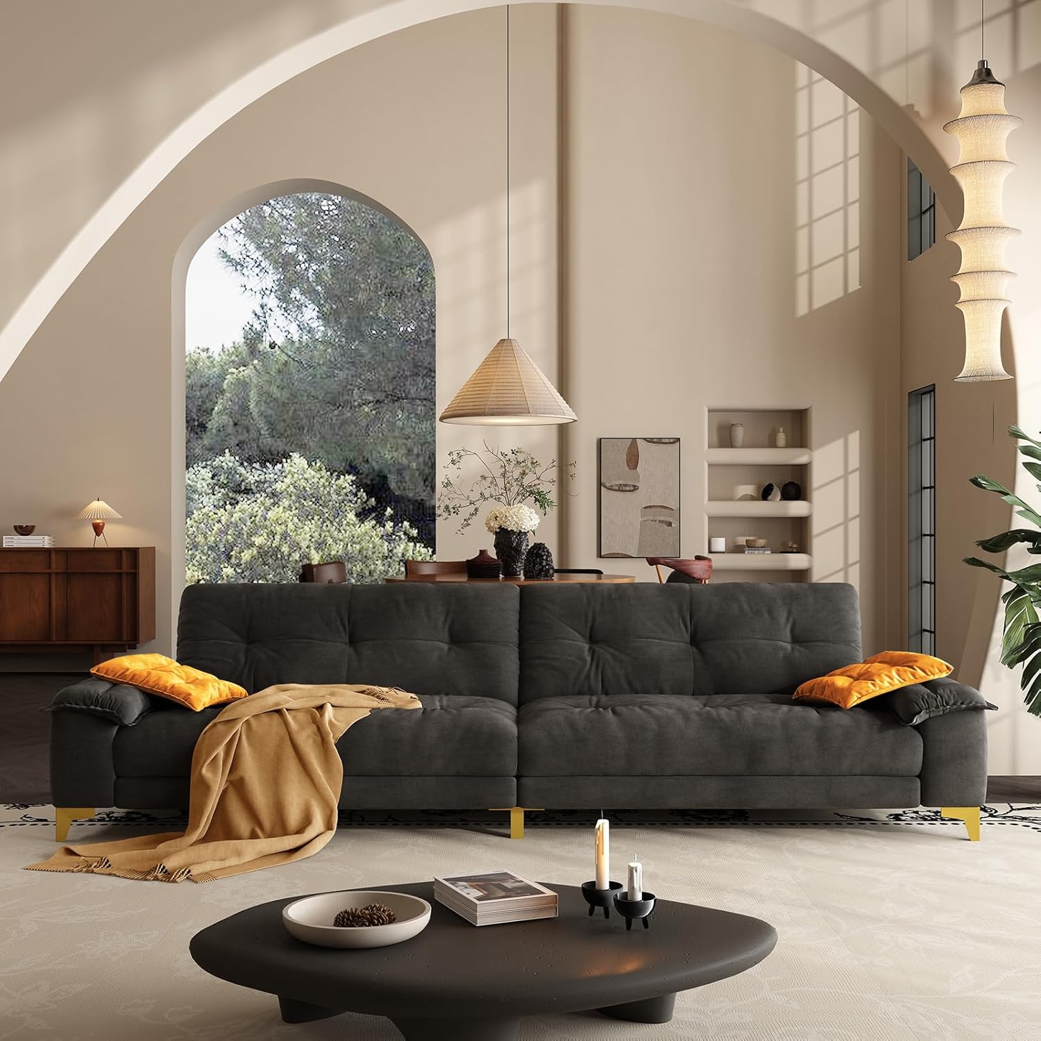 104.7" sectional Couch, mid-Century Modern 4-Seater Comfy Cloud Couch for Living Room Office, Button Tufted upholstered Metal Legs Sofa Sturdy loveseat (Dark Gery, 104.7Inch)