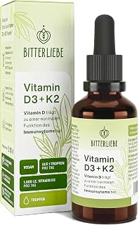 BitterLiebe Vitamin D3 K2 Tropfen hochdosiert und vegan - K2 Vitamin und hoch bioverfügbare Vitamin D3 - für starke Knoche und Immunsystem, fördert Herz-Kreislauf-System und Muskelgesundheit (1)