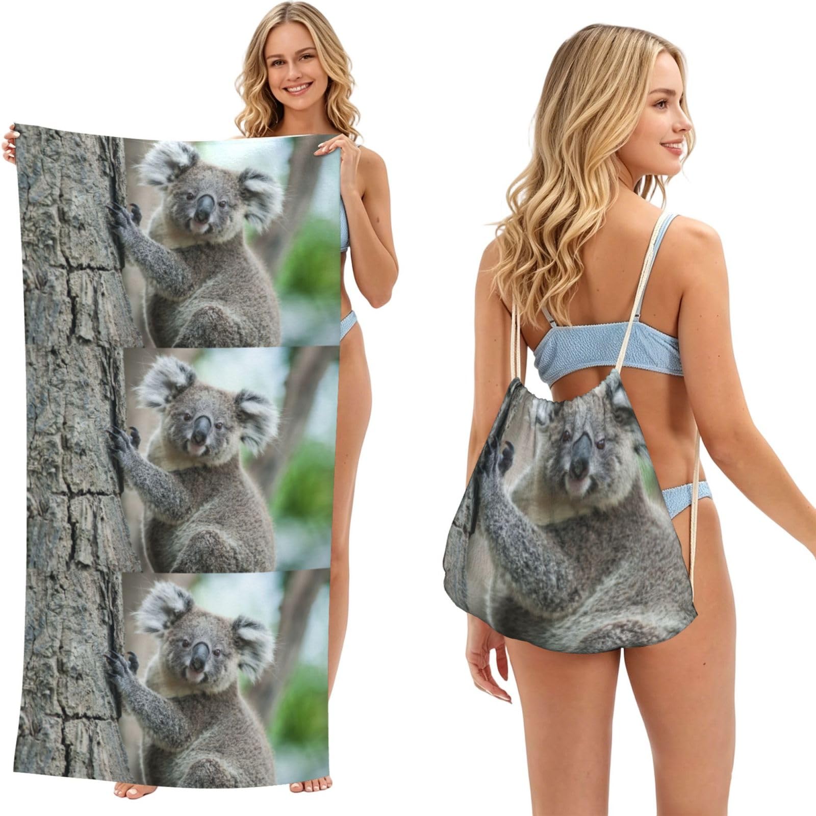 Poadnly As Picture Koala, 2 In 1 Packable Towel Bag, Beach Towels With Drawstring Backpack For Travel Holiday Camping