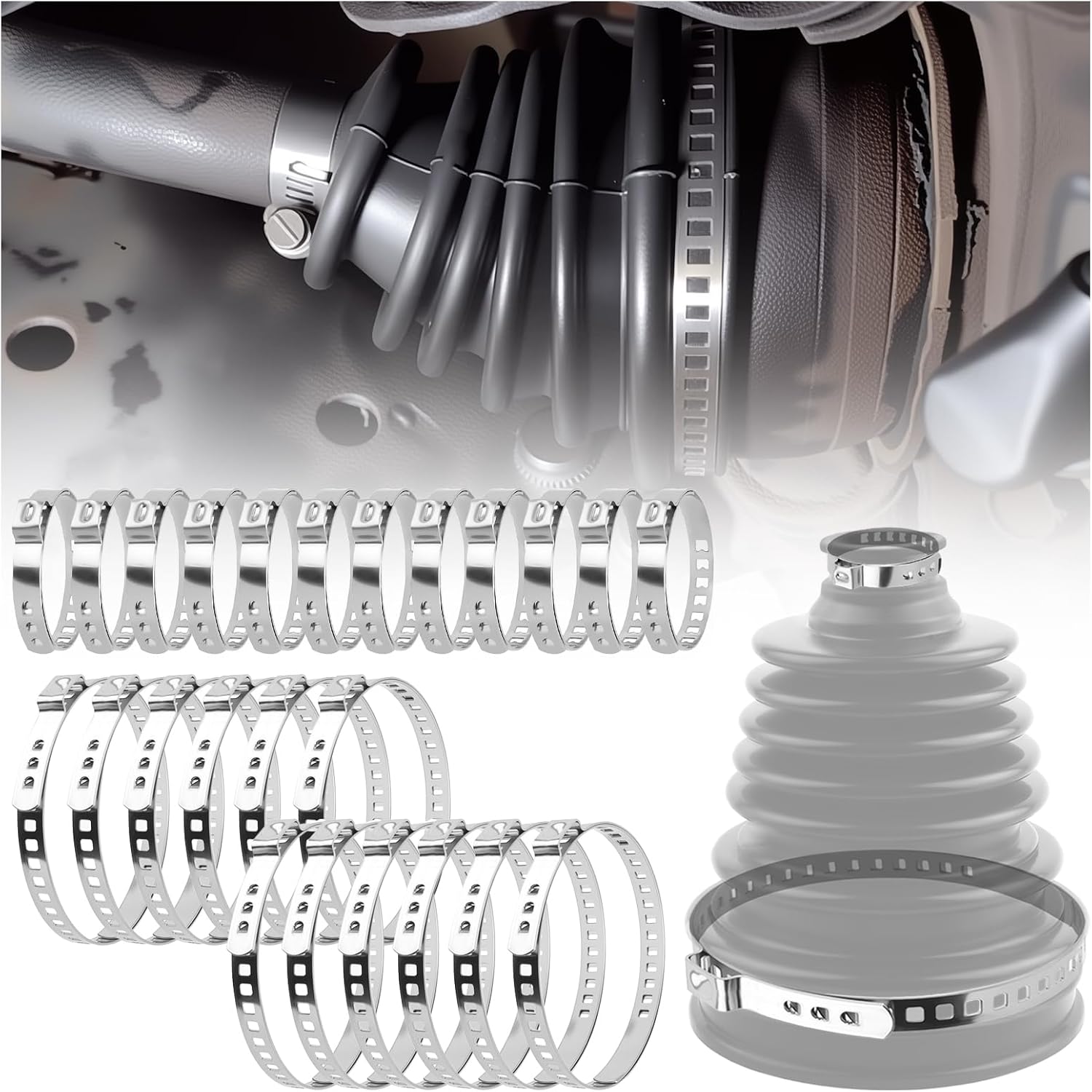 24PCS CV Boot Clamp Tool Kit Stainless Steel,Adjustable CV Axle Boot Clamp Kit with Hose Clamps Small & Large,Universal Tie Rod Boots Clamps CVS Boots Repair Kits for Cars,SUVs (24PCS)