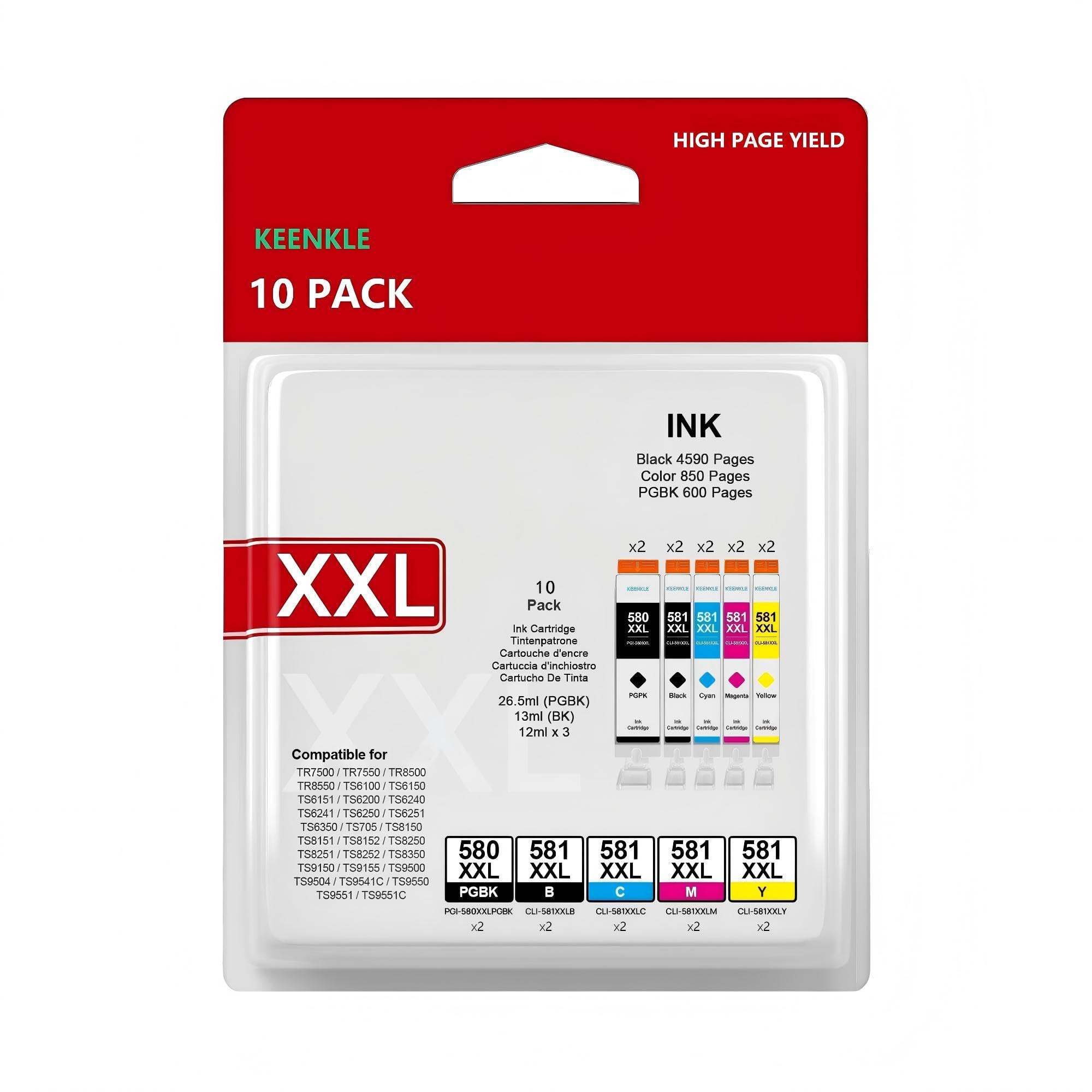 PGI 580XXL CLI 581XXL Patronen Kompatibel für Canon 580 581 Druckerpatronen für Canon TR8550 Druckerpatronen für TS705a TS6350a TS8350 TS9550 TS705 (10er-Pack, 580 PGBK 581BK 581 CMY XXL)
