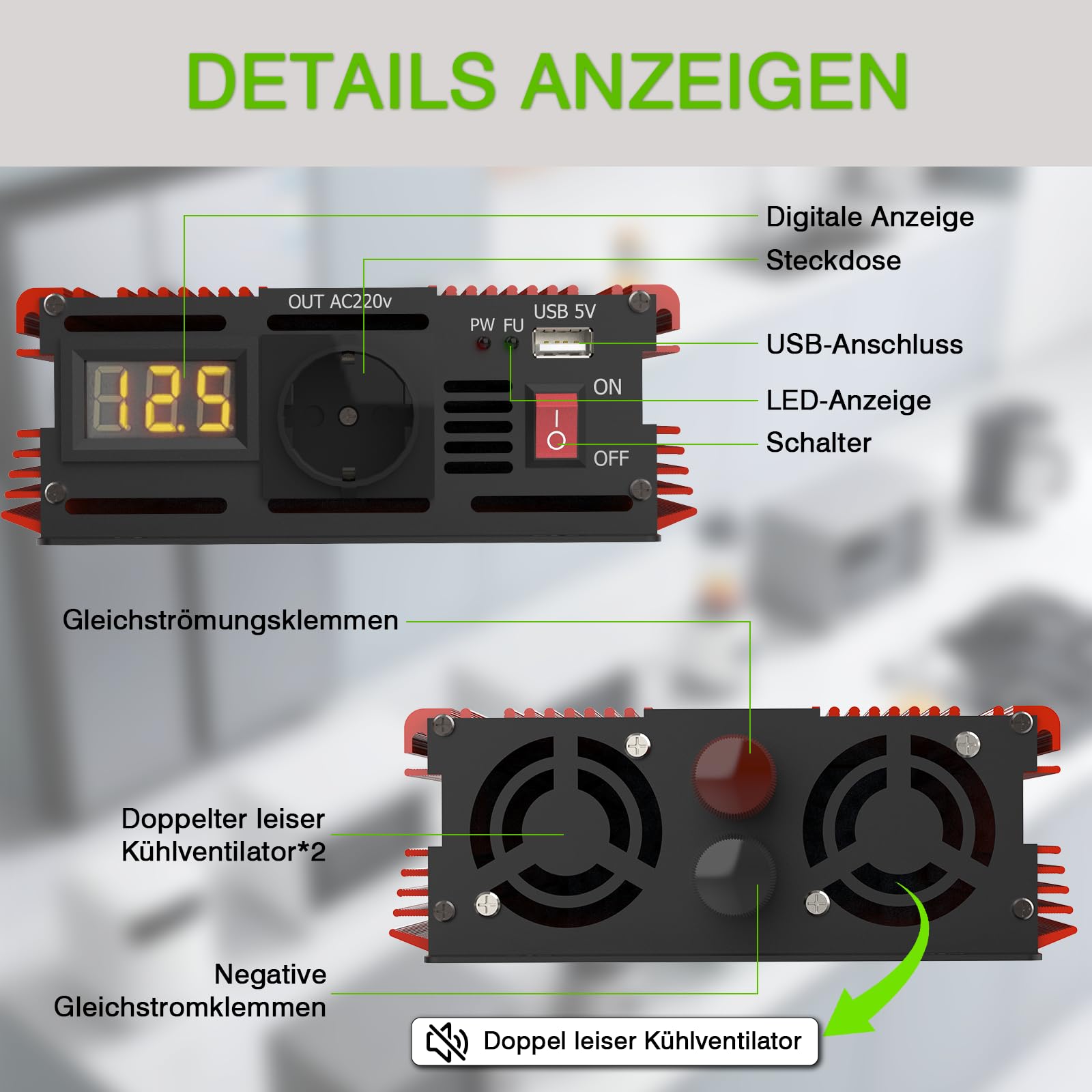 2000W Wechselrichter 12V auf 230V Spannungswandler Konverter Power Inverter Spitzenleistung 4000W mit EU Steckdosen, USB/Type-C und LED Anzeige, Umwandler für LKW Camping Haushaltsgeräten