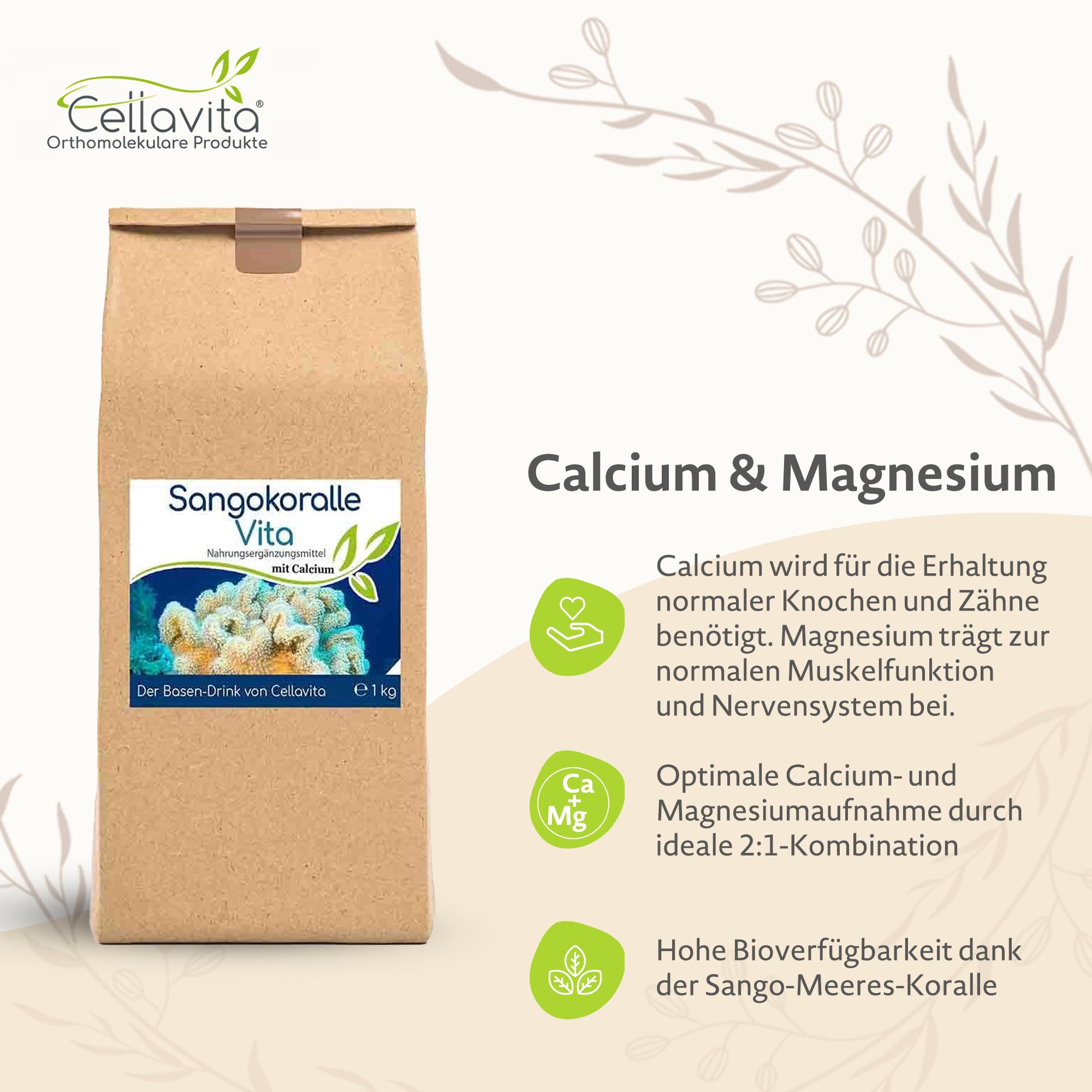 CELLAVITA - Sangokoralle Vita Calcium + Magnesium 1 kg - Natürliche Calciumquelle für den Körper aus SANGO Meereskorallen im 2:1 Verhältnis - Zusatzstofffreies & natürliches Nahrungsergänzungsmittel