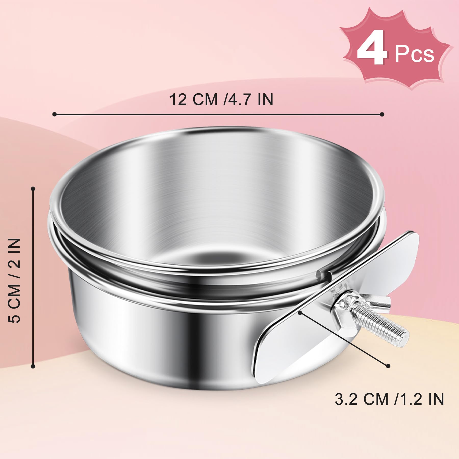 ToLanbbt 4 ciotole per cibo per uccelli in acciaio inox con morsetti di supporto, per pappagalli, gabbie per pappagalli, mangiatoie per calopsitte, conuri, parrocchetti, ara, piccoli animali, M