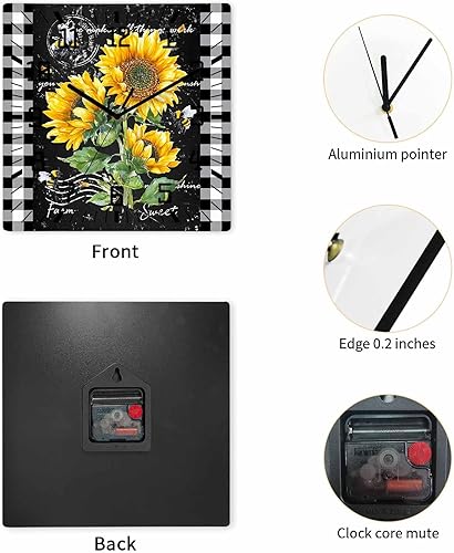 Miniatura 4 de Reloj de pared de madera con diseño de girasoles y abeja, silencioso, sin tictac, flores rústicas a cuadros en blanco y negro, funciona con pilas,