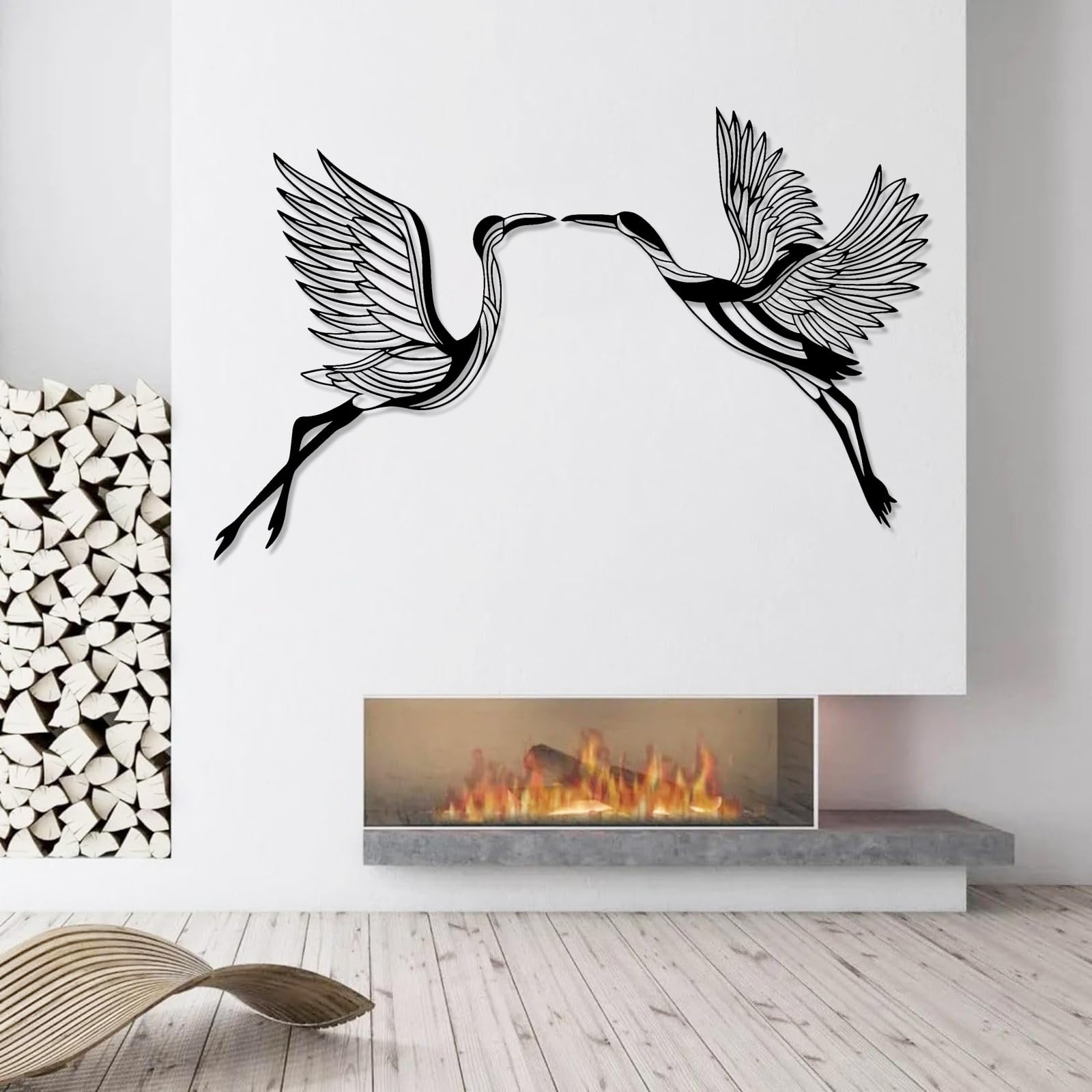 Conjunto de 2 grullas decorativas de pared de metal abstracto contemporáneo, arte, decoración artística, letrero de pájaros volando, bandada, hogar interior y exterior (76 x 122 cm, plateado)