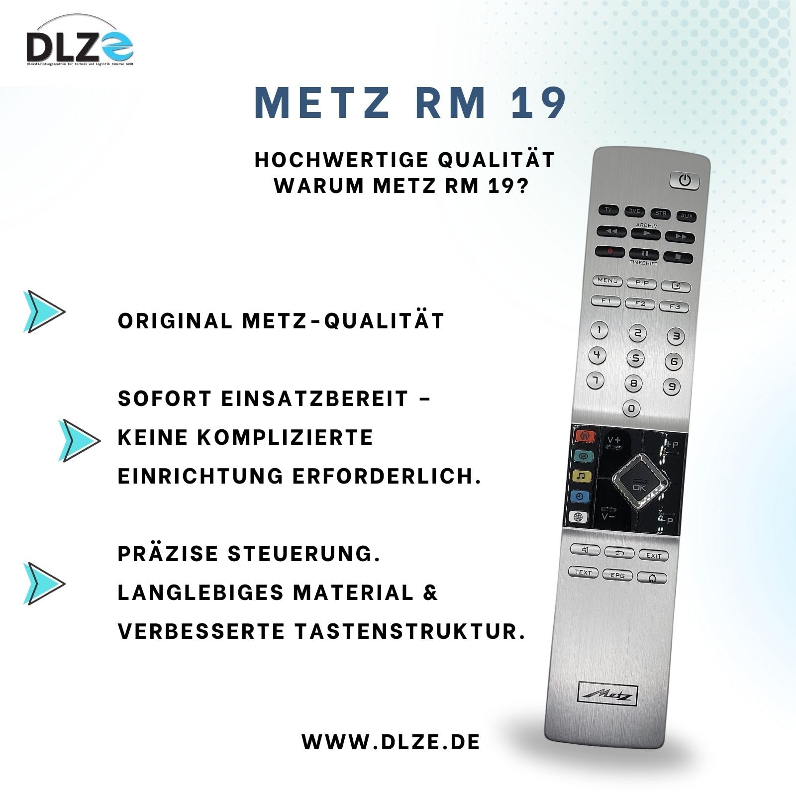 Metz RM19 – Original-Fernbedienung für Metz TV-Geräte – Modell, sofort einsatzbereit, auch passend für RM18