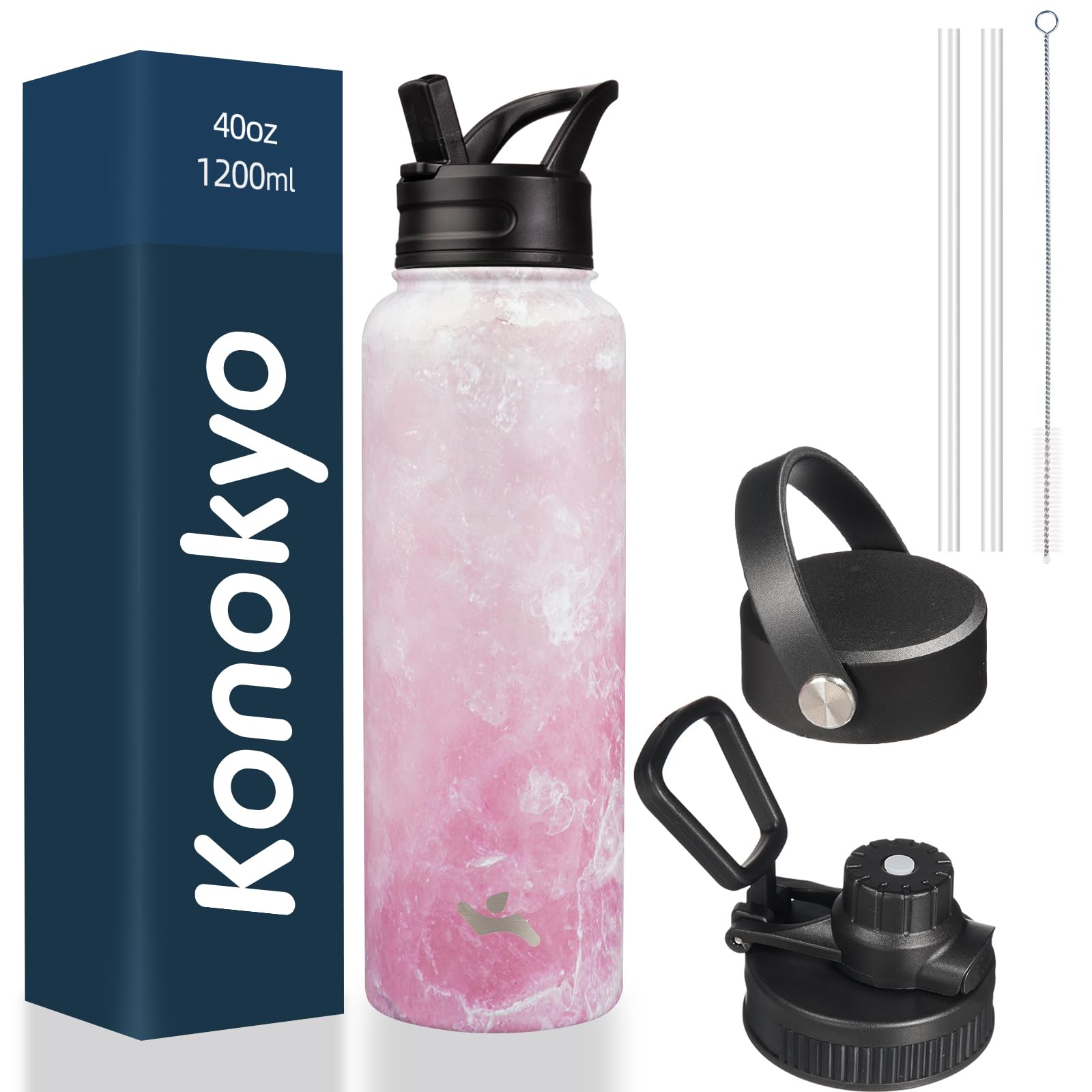 Konokyo Insulated Water Bottle with Straw,40oz 3 Lids Metal Bottles Stainless Steel Water Flask,Marble Blossom