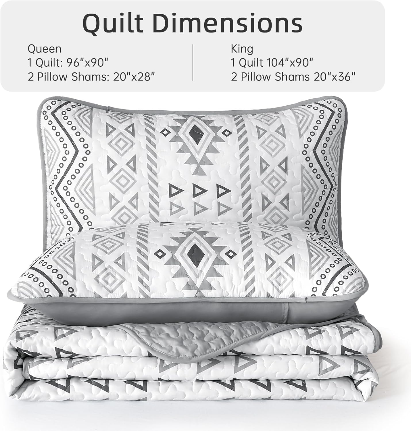 Drucon Boho Queen Size Aztec Quilt Set 3 Pieces Grey Ultra Soft Lightweight Quilt Beddding Set, Microfiber Bohemian Bedspread Coverlet Set with 2 Pillowcases for All Season (Queen, 90"x96") - Image 7
