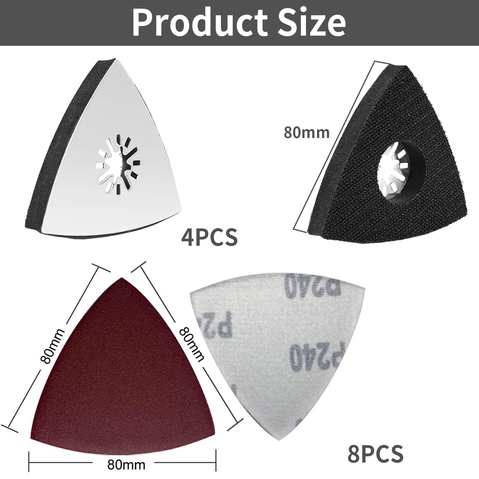 4 piastre abrasive Multitool da 80 mm, triangolari, con 8 fogli di carta vetrata per legno, metallo, plastica rigida, intonaco, levigatura, rimozione della ruggine