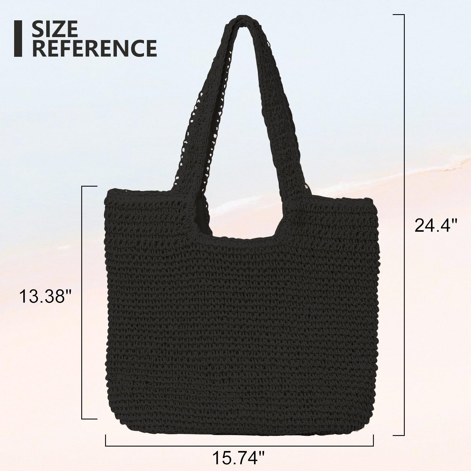 GOLDTIMO Beach Bags for Women - Summer Soft Large Woven Shoulder Purse Handbag, Beach Tote Straw Bag for Summer Vacation, Black