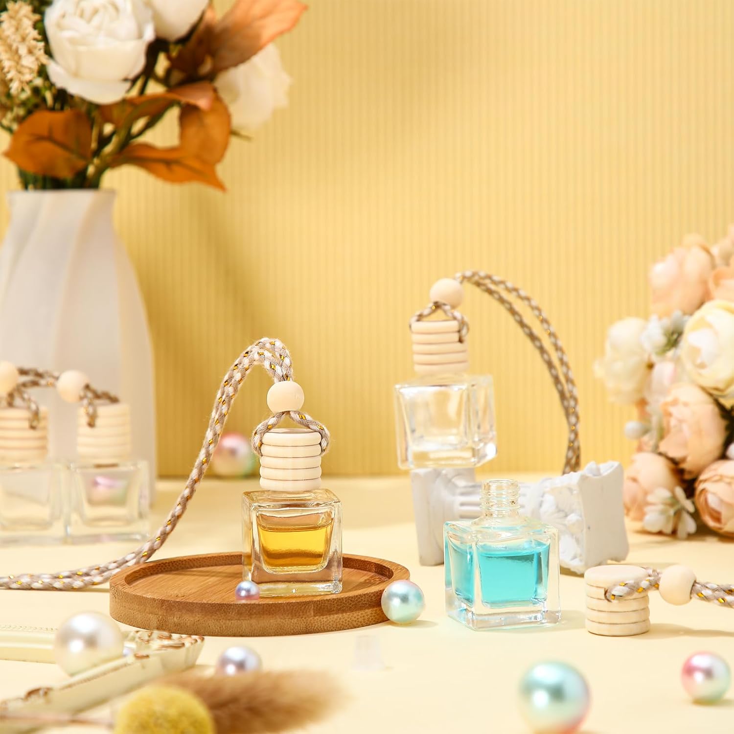 BBTO 50 Pcs Hanging Car Air Freshener Car Diffuser Bottles Empty Glass Perfume Bottle Freshener Diffuser Bottle Pendant for Essential Oil Fragrance Aromatherapy Bottle Ornament(Cube) - Image 2