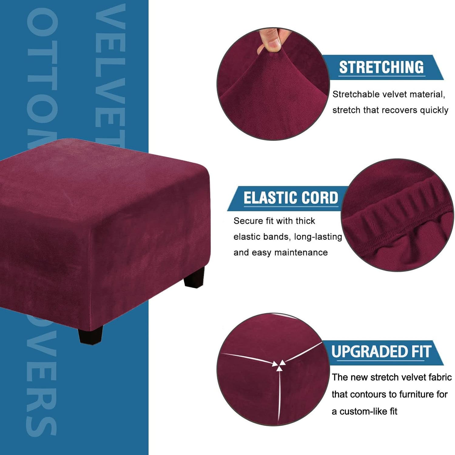 Velvet Ottoman Cover, Stretch Square Footstool Protector Covers Thickened Warmth Ottoman Slipcover for Living Room Bedroom-Turquoise-Large