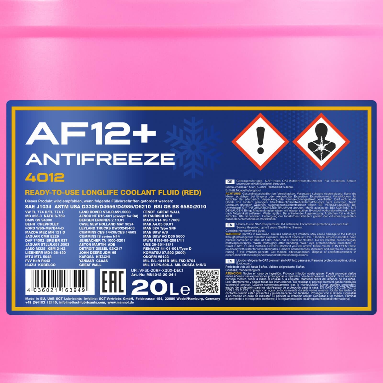 4 x 20 L Mannol AF12 Kühlerfrostschutz Rosa 40°C Fertig-Mix für G12 G12