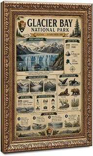Vintage Glacier Bay National Park Poster, Alaska Travel Print Canvas Poster | Vintage parchment national parks poster wall art for rustic cabin lodge farmhouse decor Retro Gold Frame 8"L x 12"W