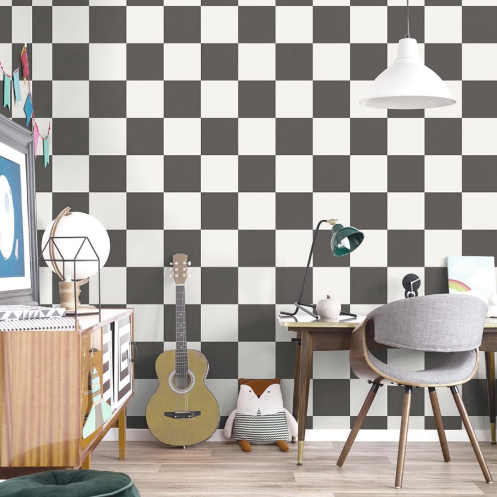 SOPHIE LAURENCE Charcoal and White Check Wallpaper – Smooth Flat Finish | Modern Feature Wall Pattern for Kids’ Bedroom