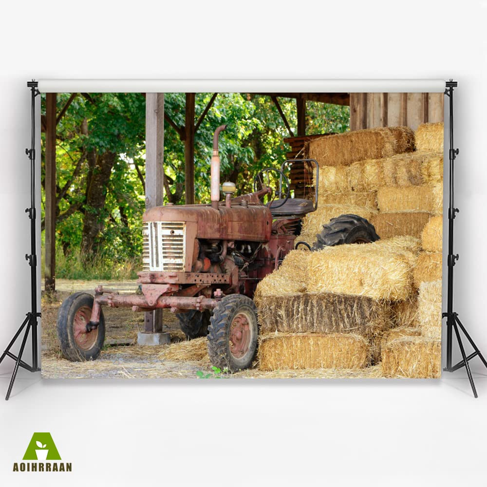 Aoihrraan 3x2m Vintage Tracteurs Toile de Fond Campagne Ferme Grange Meules de Foin Balles de Foin Scène Rurale Photographie Fond Cowboys Fête Enfants Adultes Mariage Portrait Photo Props