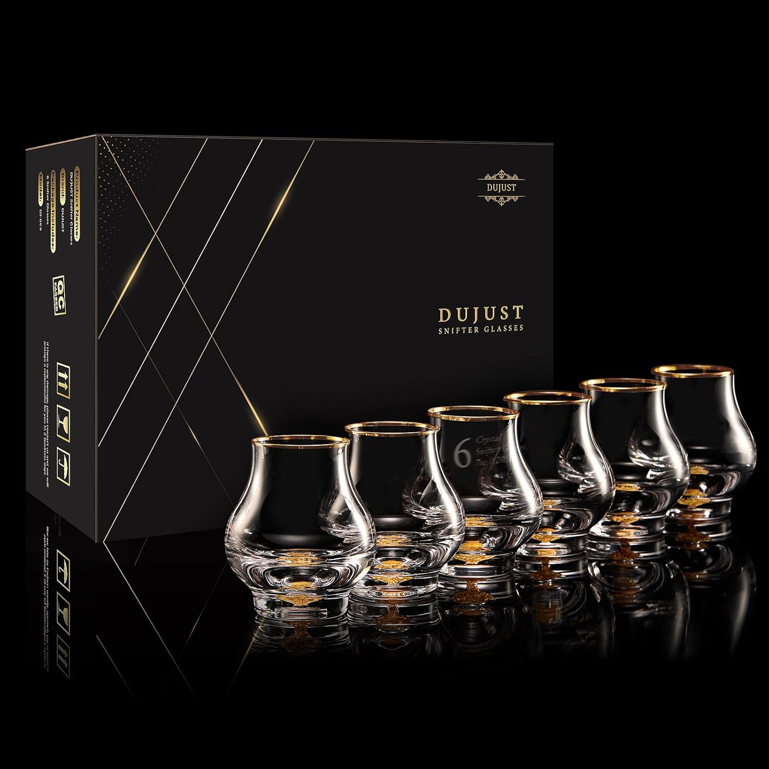 DUJUST‌ Elegant Curvaceous Snifter Glasses Set of 6 (7oz), Crystal Whiskey Glass with 24K Gold Leaf Flakes, ONE OF A KIND, Luxury Glass for Brandy/Bourbon/Tequila, BPA-Free&Lead-Free