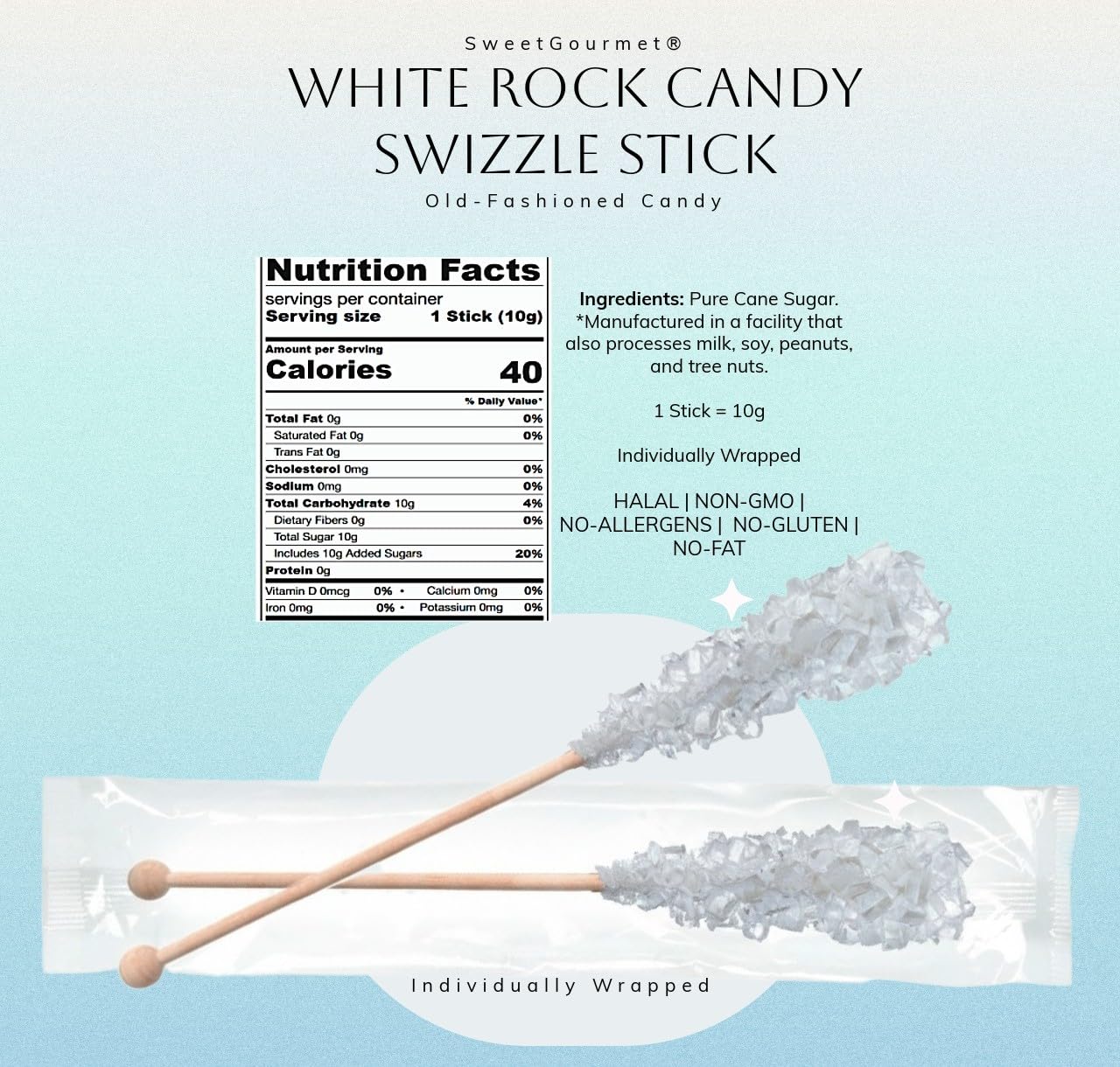 Dryden & Palmer Swizzle Sticks, Rock Candy Sticks - 5.75", White, Wrapped (Pack of 30)
