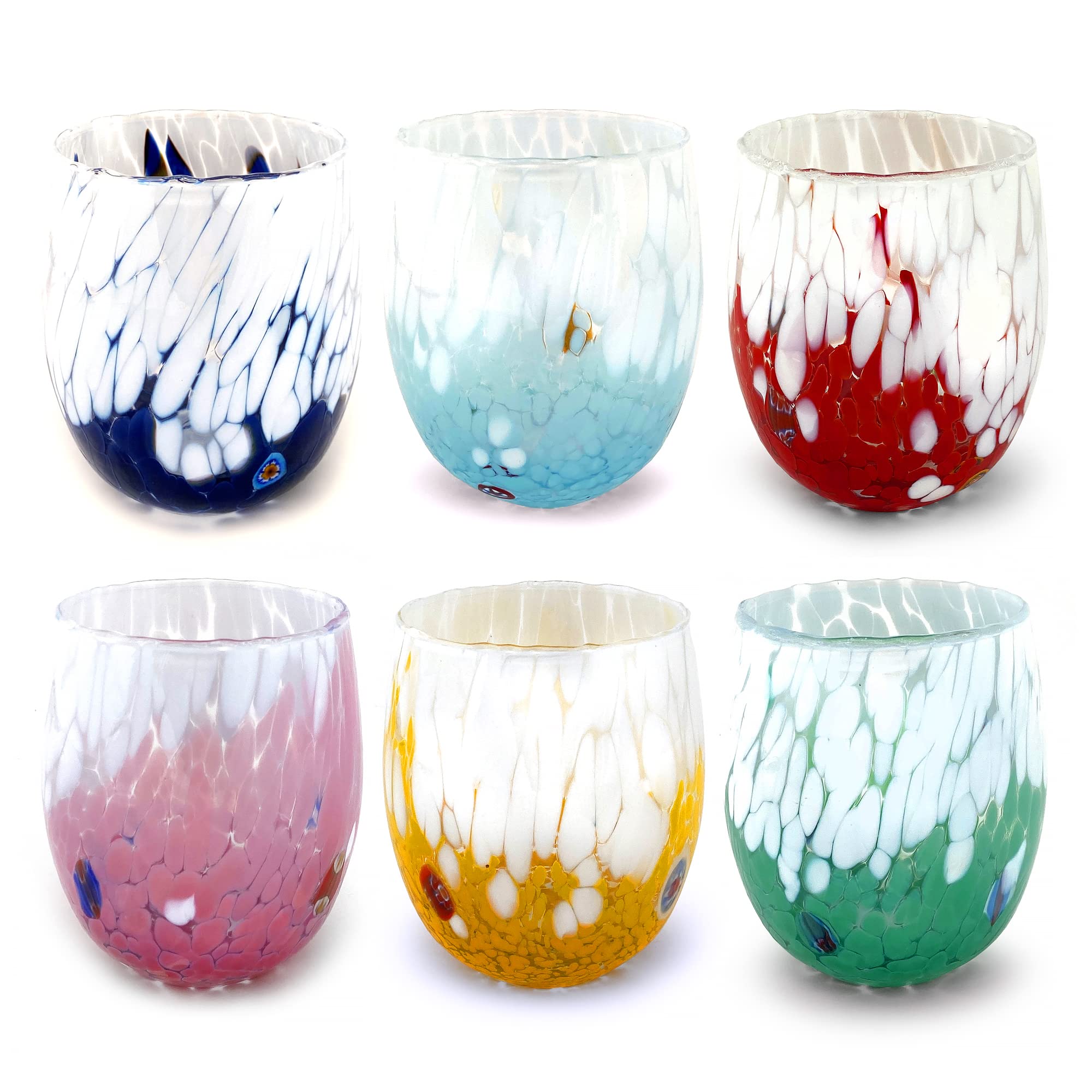 MAZZEGA ART & DESIGN Bicolor Water Glasses in Blown and Hand-Worked Glass with Murano Murrine - Murano Colors - Bicolor 12,84 oz. Made in Italy (6, MIX-SR)