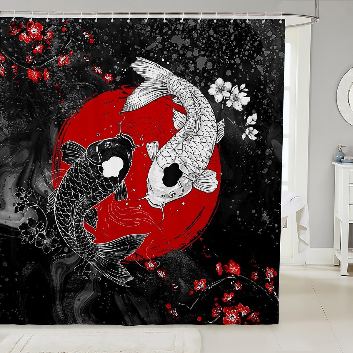 Feelyou Japanese Wave Shower Curtain 72"x78" Kids Cherry Blossoms Bathroom Shower Curtain Set for Boys Girls Japanese Ukiyoe Theme Home Decor Bath Curtain Red Sun Japanese Style Bathroom Accessories