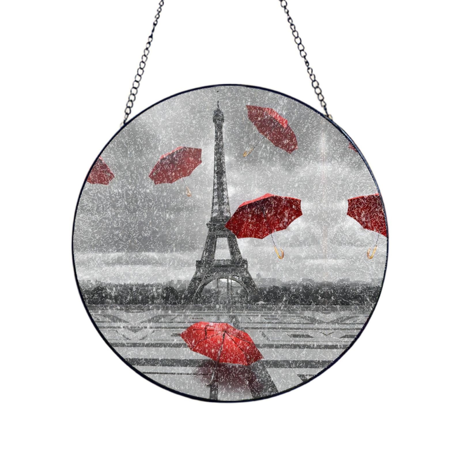 Phayah Eiffel Tower With Red Umbrella Print Glass Window Hanging Round Suncatcher Glass Ornament Garden Wall Fence Decorations Indoor Outdoor 10in（25cm）
