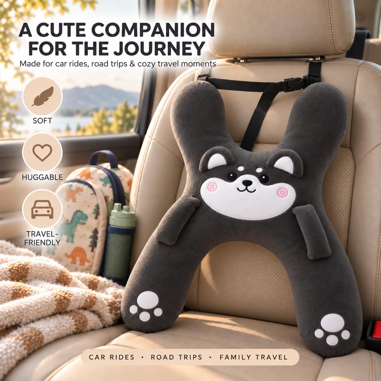 Kids Car Pillow, H-Shaped Plush Travel Neck Pillow for Road Trips & Naps | Soft plush comfort for the head, neck and upper body makes car rides, road trips and naps feel cozier.